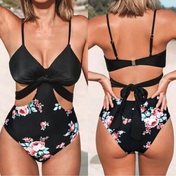 NWT Black Floral Printed One Piece Size Medium Wrap Cutout Bathing Suit - Picture 1 of 10